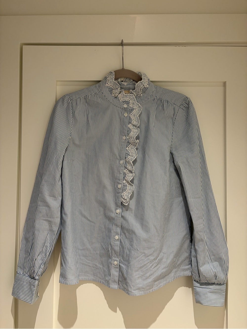 Sezane striped ecru and Blue and chlo shirt size 36 w/ lace ruffle